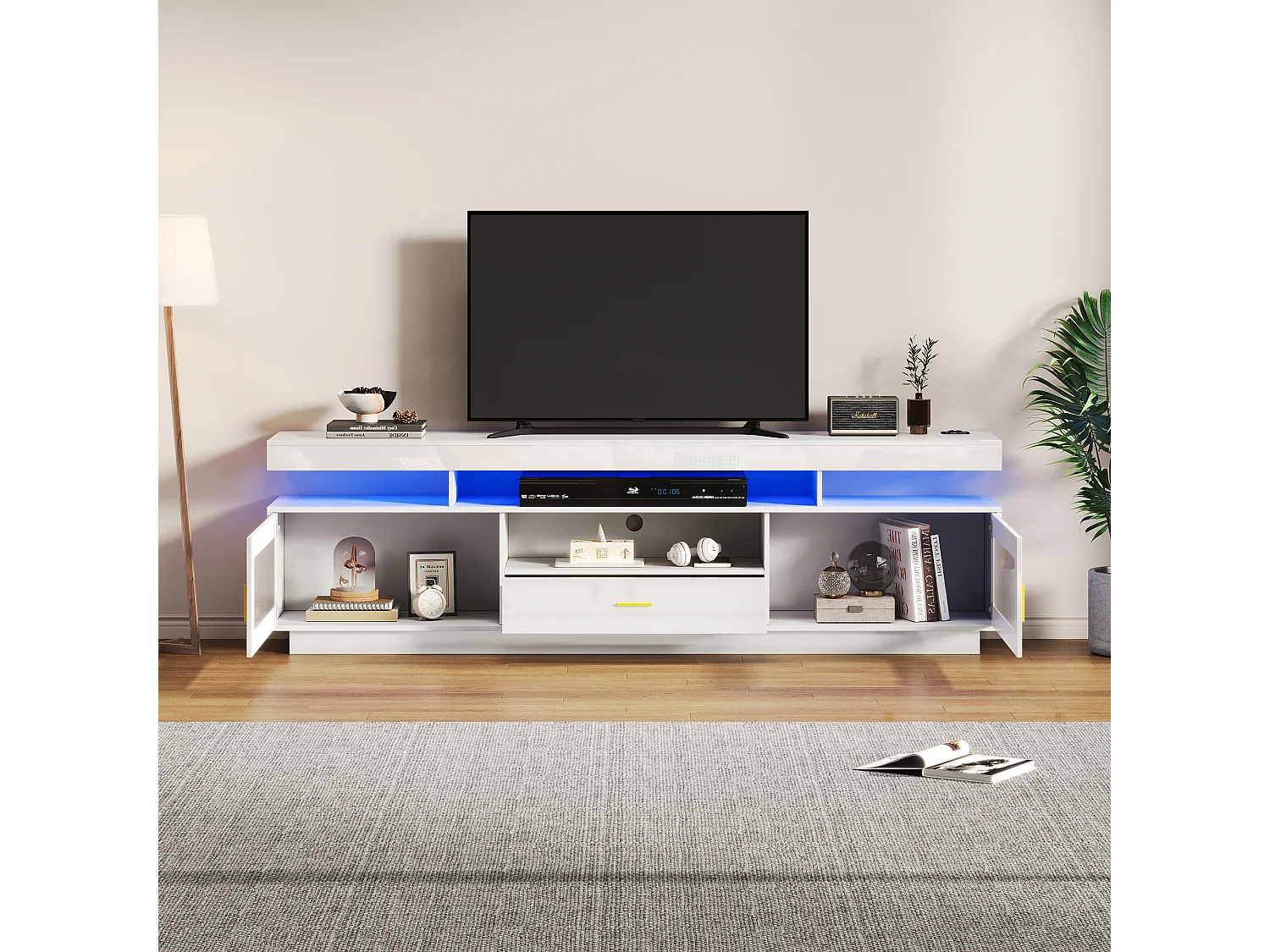 Meuble TV avec 2 portes vitrées, 1 tiroir et 3 compartiments - 150 x 40 x 60 cm - LEDs - Panneaux de particules - Blanc brillant