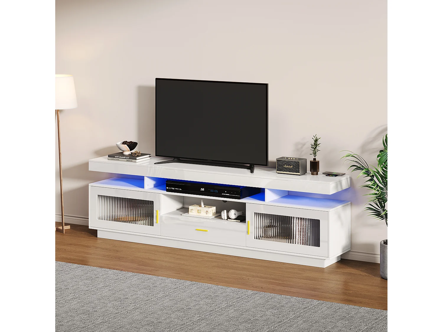 Meuble TV avec 2 portes vitrées, 1 tiroir et 3 compartiments - 150 x 40 x 60 cm - LEDs - Panneaux de particules - Blanc brillant