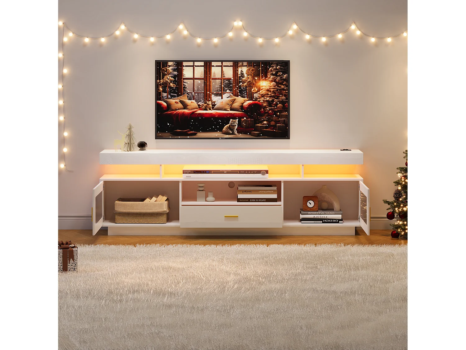 Meuble TV avec 2 portes vitrées, 1 tiroir et 3 compartiments - 150 x 40 x 60 cm - LEDs - Panneaux de particules - Blanc brillant
