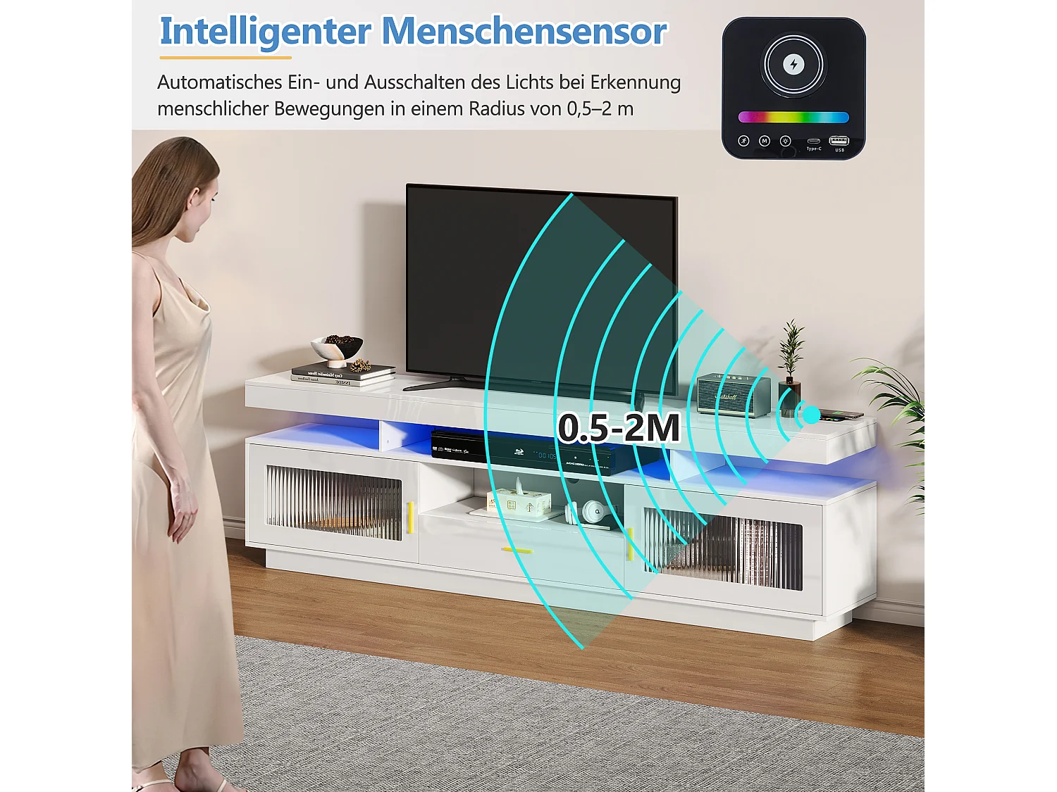 Meuble TV avec 2 portes vitrées, 1 tiroir et 3 compartiments - 150 x 40 x 60 cm - LEDs - Panneaux de particules - Blanc brillant