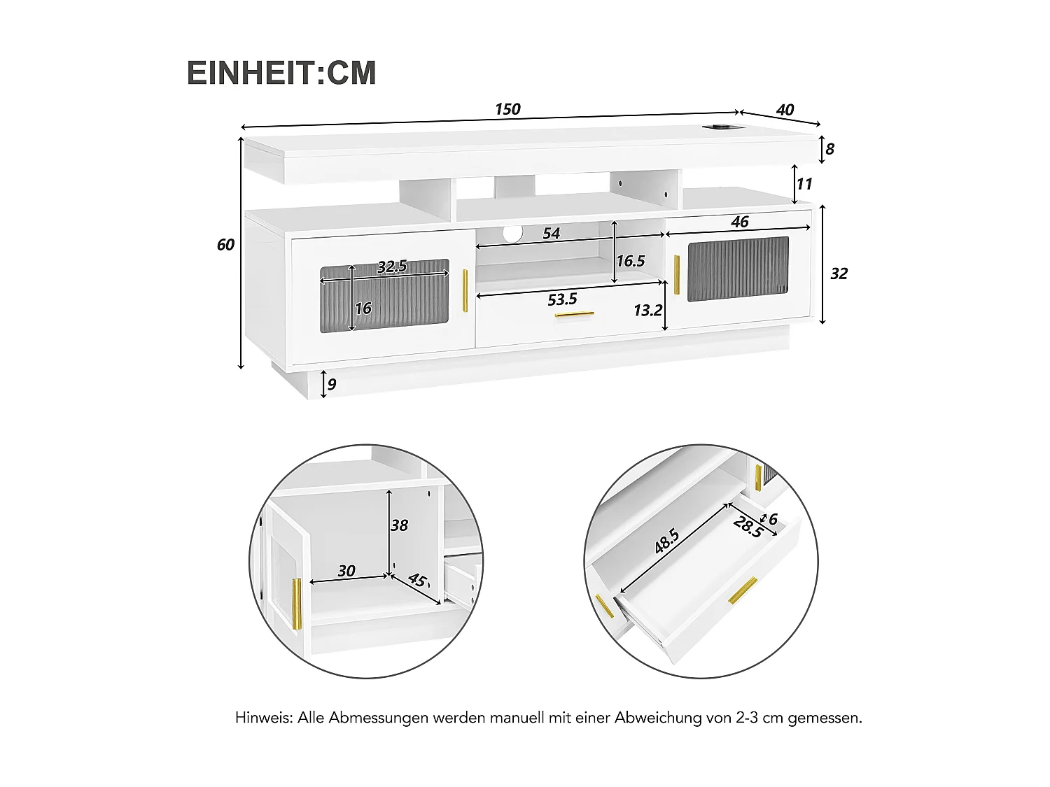 Meuble TV avec 2 portes vitrées, 1 tiroir et 3 compartiments - 150 x 40 x 60 cm - LEDs - Panneaux de particules - Blanc brillant