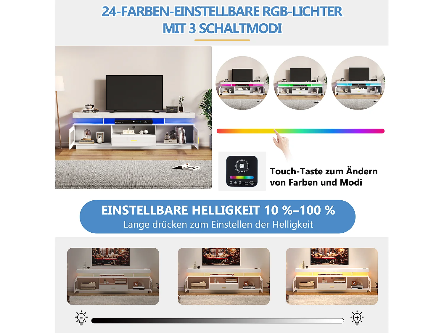 Meuble TV avec 2 portes vitrées, 1 tiroir et 3 compartiments - 150 x 40 x 60 cm - LEDs - Panneaux de particules - Blanc brillant