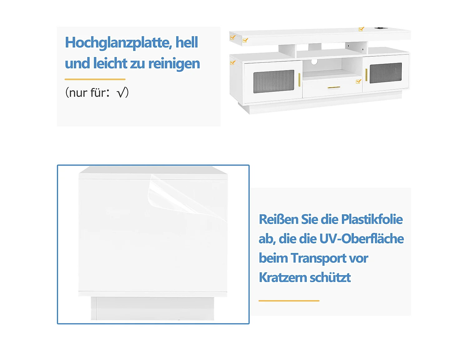 Meuble TV avec 2 portes vitrées, 1 tiroir et 3 compartiments - 150 x 40 x 60 cm - LEDs - Panneaux de particules - Blanc brillant