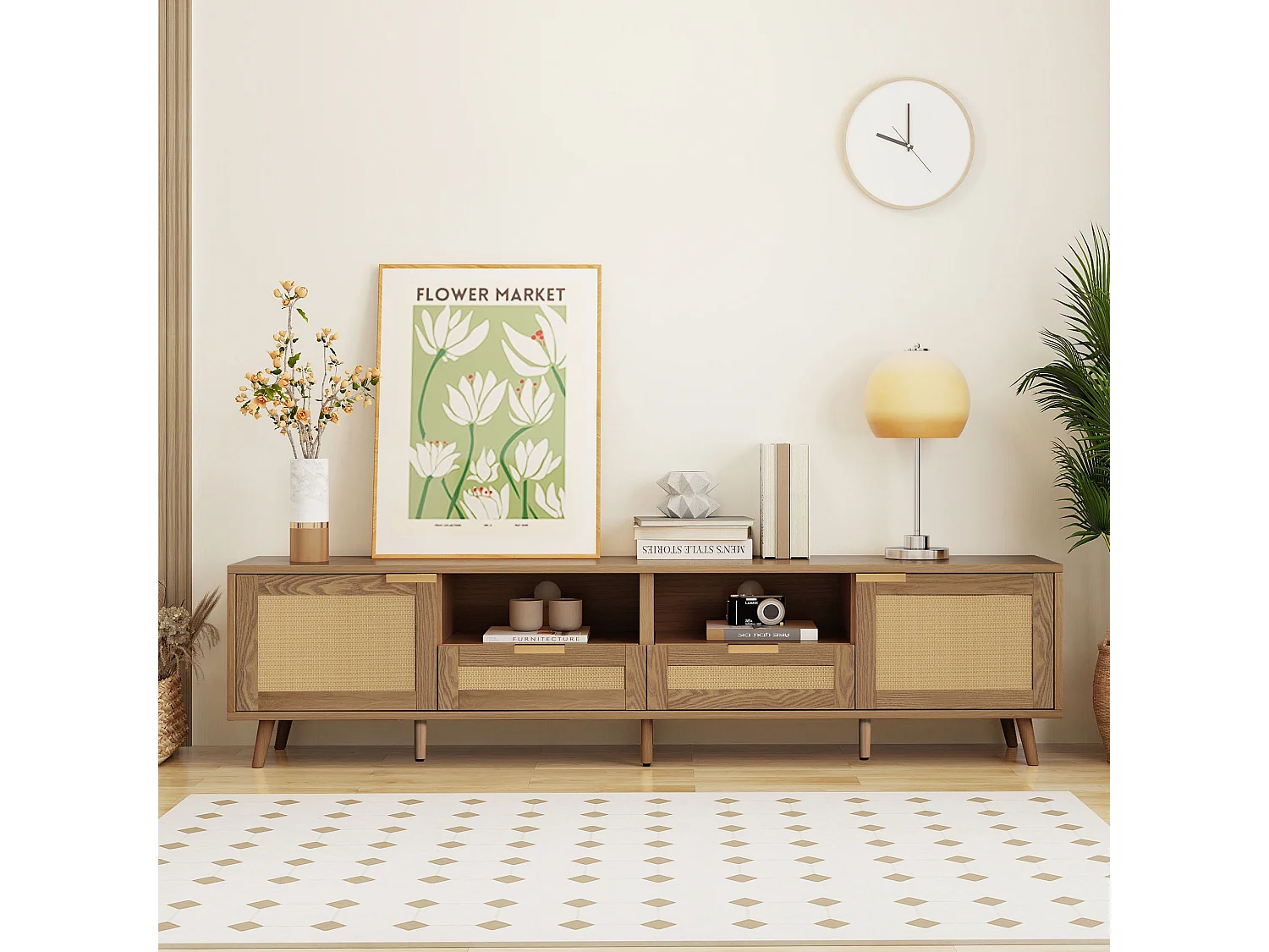 Szafka RTV z 2 drzwiami i 2 szufladami - 200 x 37 x 49 cm - Płyta wiórowa i lite drewno - Dąb