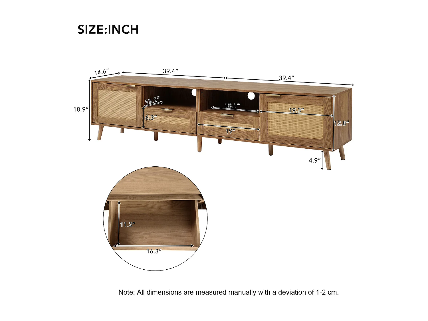 Szafka RTV z 2 drzwiami i 2 szufladami - 200 x 37 x 49 cm - Płyta wiórowa i lite drewno - Dąb