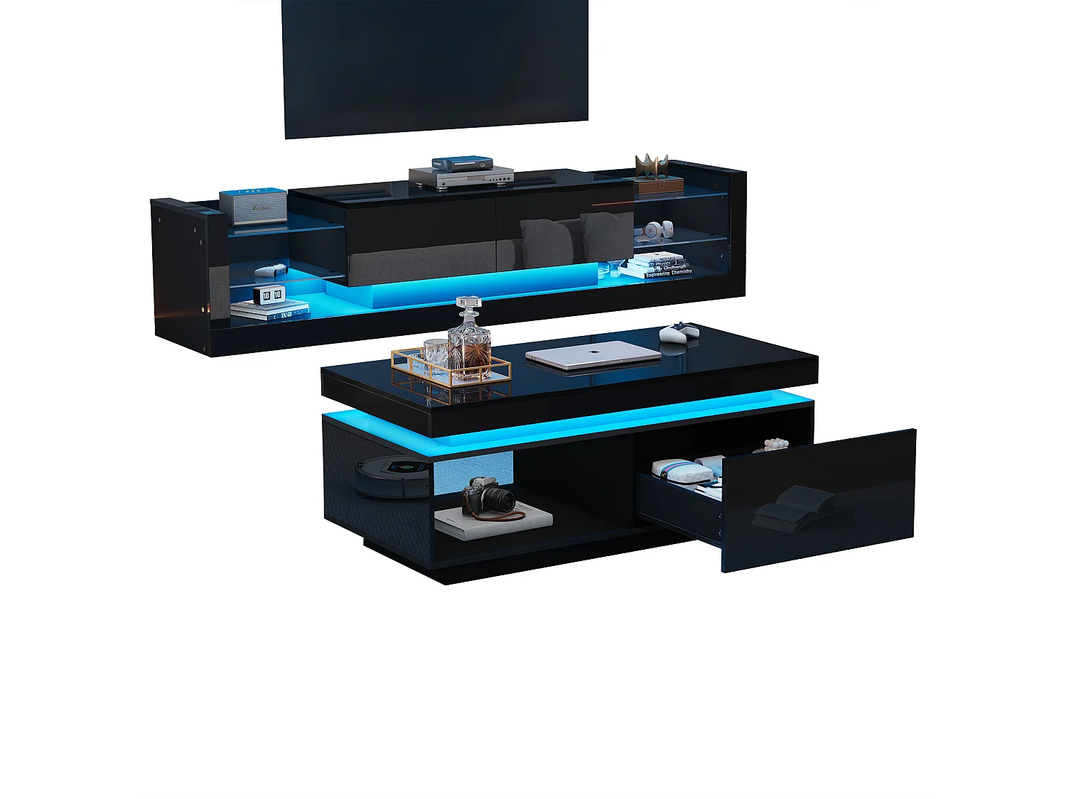 Ensemble meuble TV : 181 x 38 x 38 cm + table basse : 100 x 50 x 40 cm - LEDs - Panneau de particules - Noir brillant