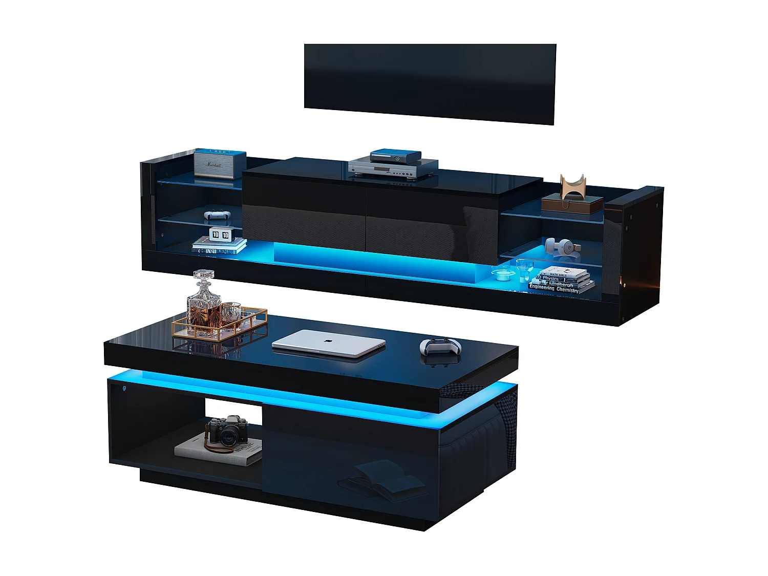 Set mobile TV: 181 x 38 x 38 cm + tavolino: 100 x 50 x 40 cm - LED - Pannello truciolare - Nero lucido