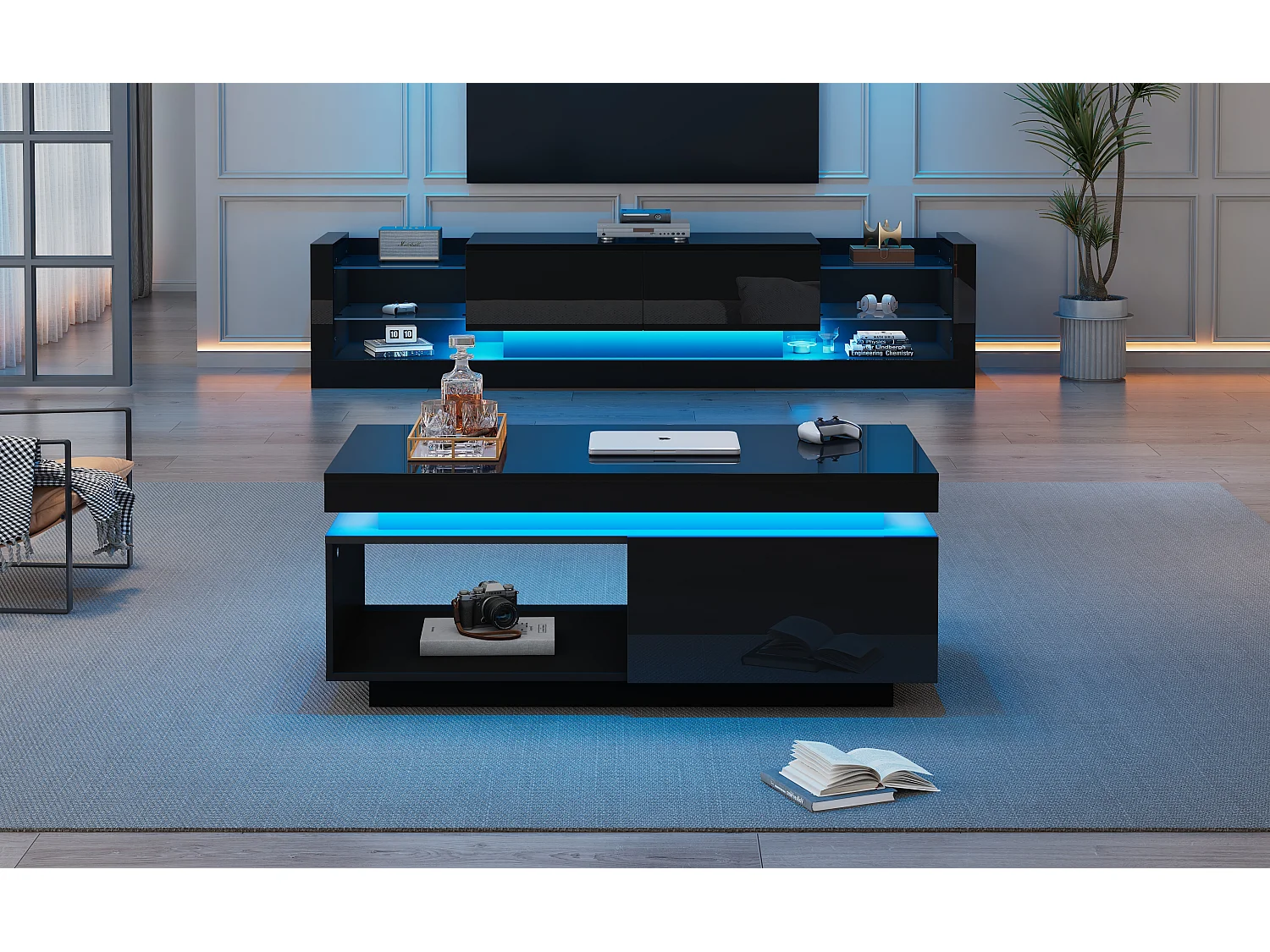 Set mobile TV: 181 x 38 x 38 cm + tavolino: 100 x 50 x 40 cm - LED - Pannello truciolare - Nero lucido