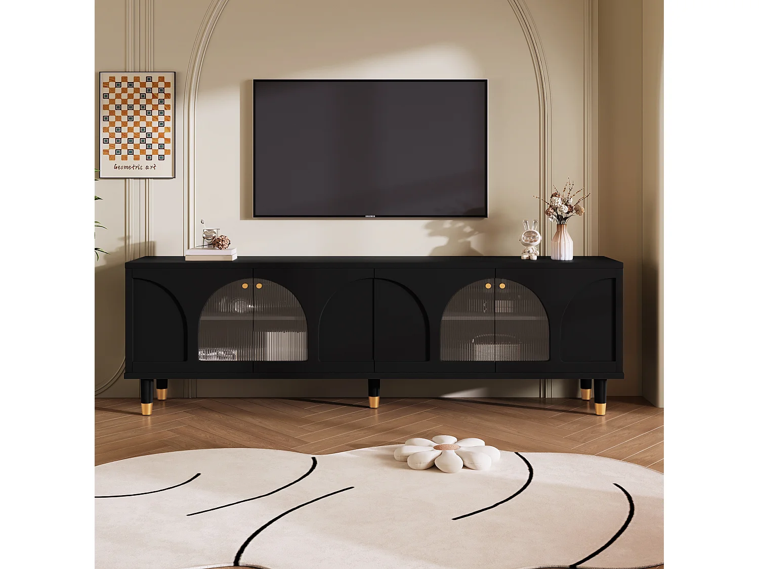 TV-meubel met 4 gecanneleerde glazen deuren - 173 x 38 x 59 cm - Spaanplaat en MDF - Zwart