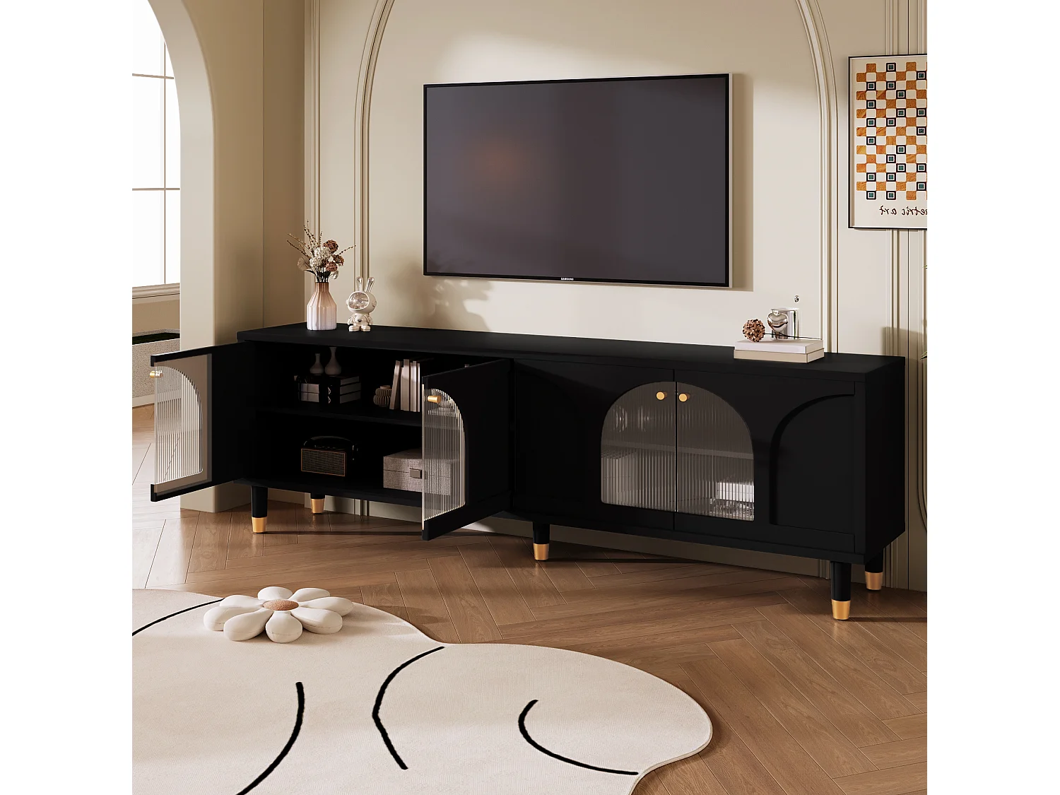 TV-meubel met 4 gecanneleerde glazen deuren - 173 x 38 x 59 cm - Spaanplaat en MDF - Zwart