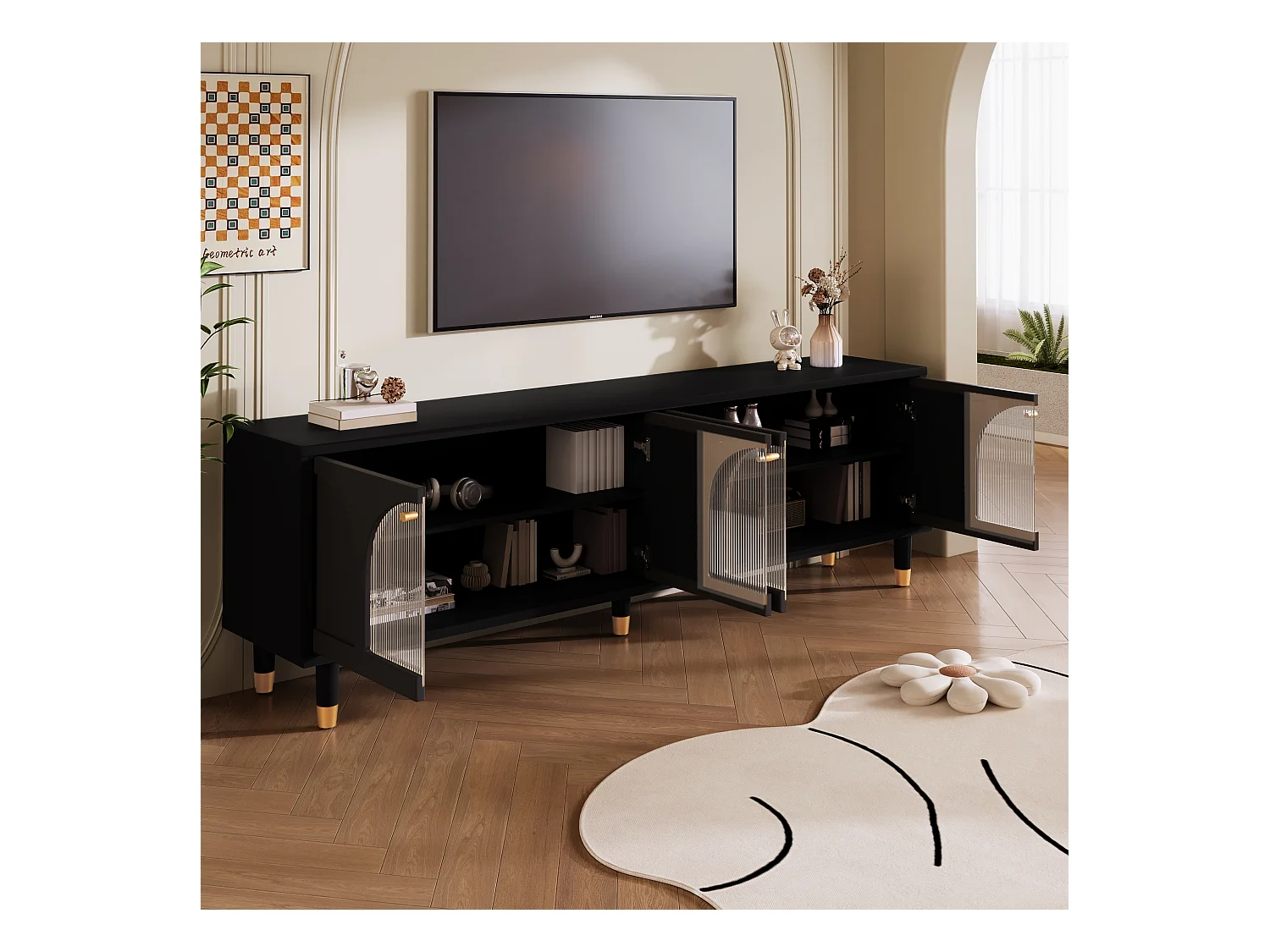 TV-meubel met 4 gecanneleerde glazen deuren - 173 x 38 x 59 cm - Spaanplaat en MDF - Zwart