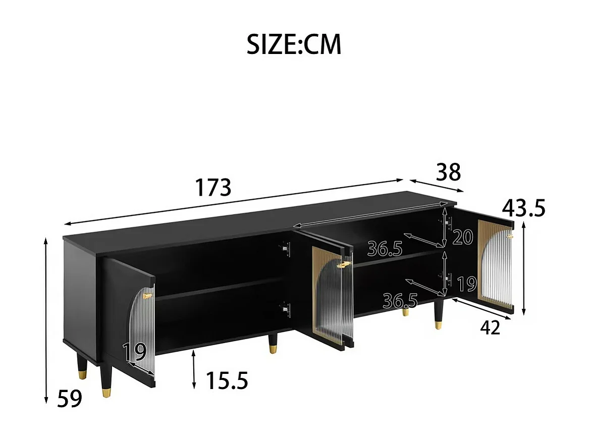 TV-meubel met 4 gecanneleerde glazen deuren - 173 x 38 x 59 cm - Spaanplaat en MDF - Zwart
