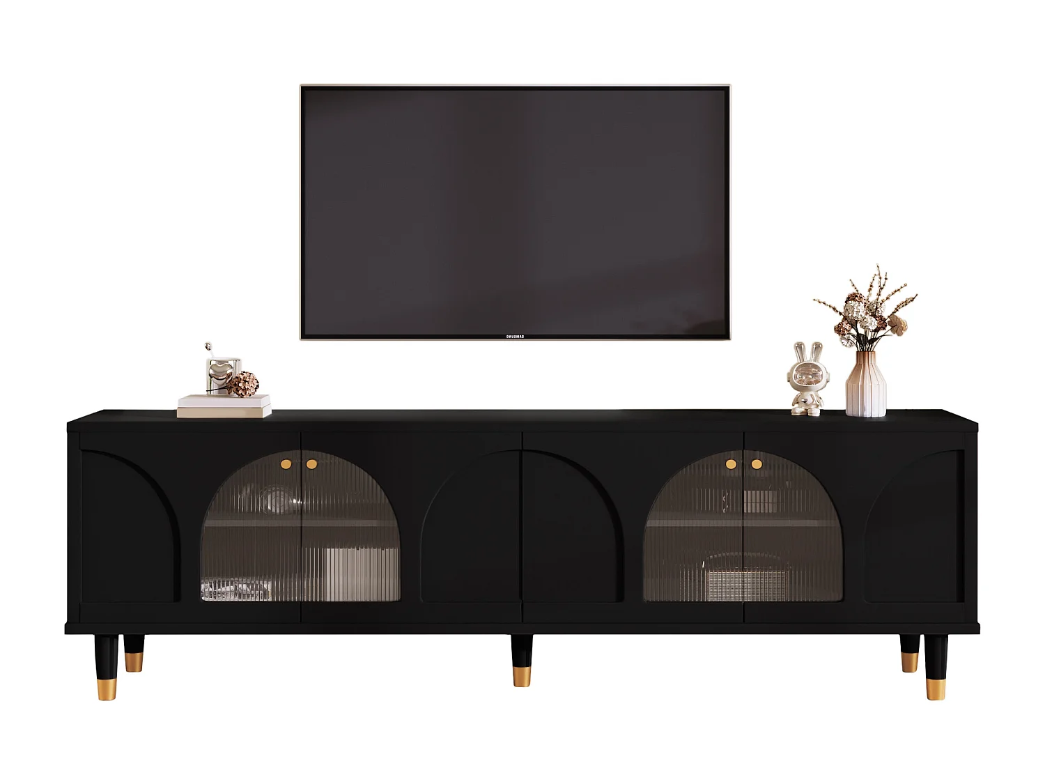 TV-meubel met 4 gecanneleerde glazen deuren - 173 x 38 x 59 cm - Spaanplaat en MDF - Zwart