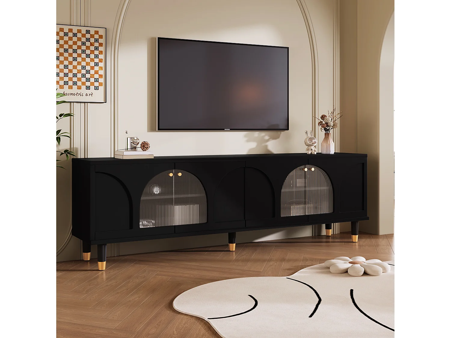 TV-meubel met 4 gecanneleerde glazen deuren - 173 x 38 x 59 cm - Spaanplaat en MDF - Zwart