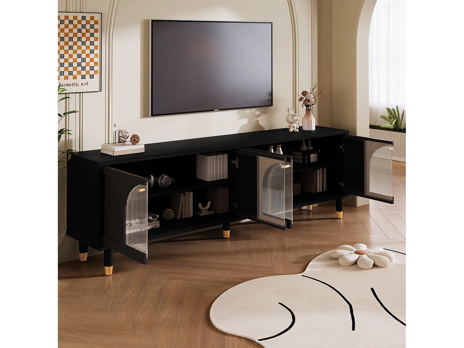 TV-meubel met 4 gecanneleerde glazen deuren - 173 x 38 x 59 cm - Spaanplaat en MDF - Zwart