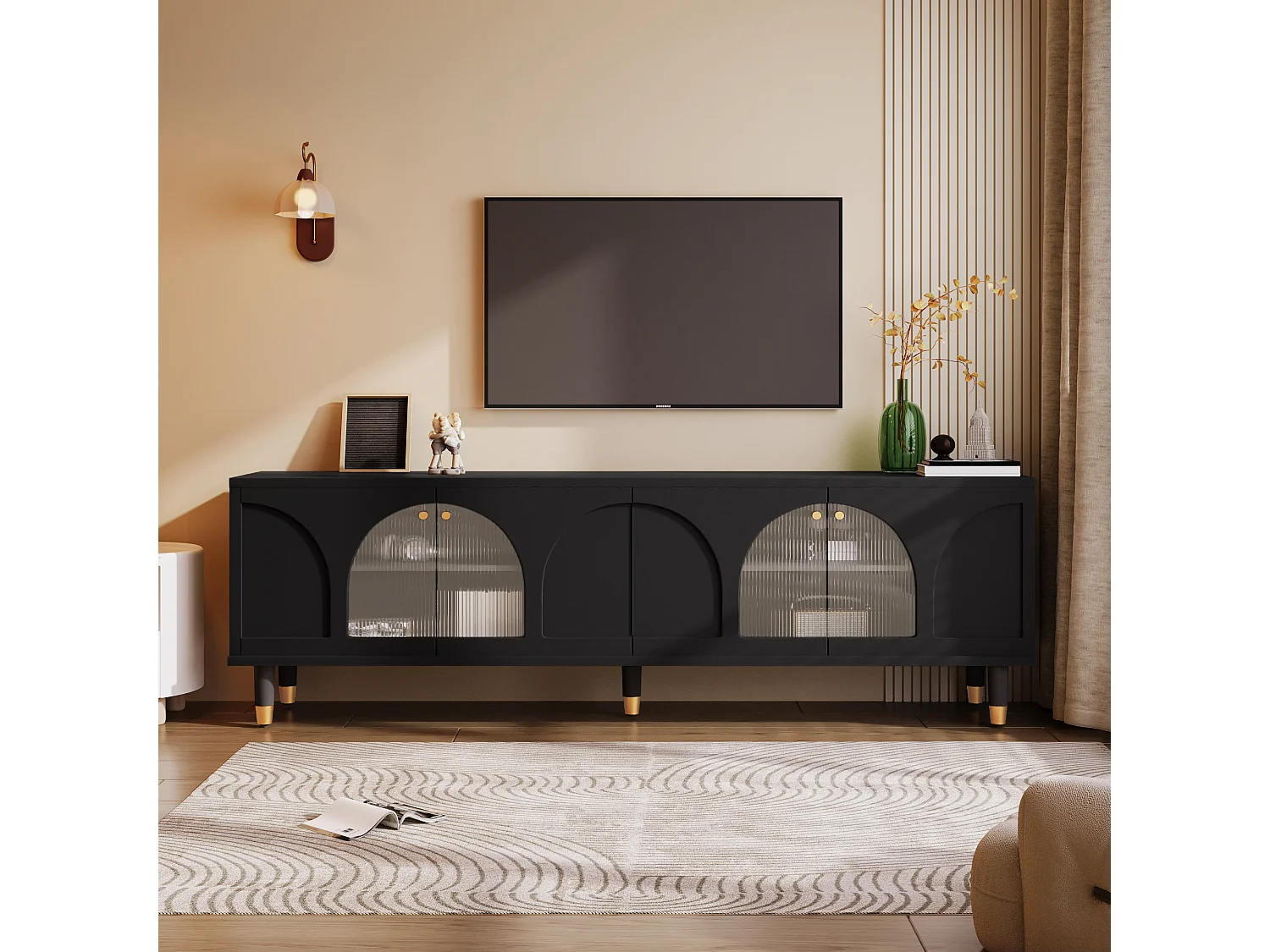 TV-meubel met 4 gecanneleerde glazen deuren - 173 x 38 x 59 cm - Spaanplaat en MDF - Zwart