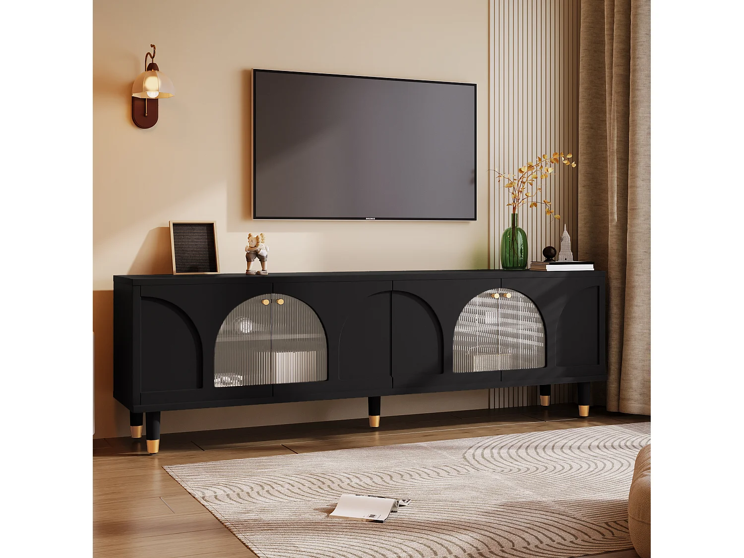 TV-meubel met 4 gecanneleerde glazen deuren - 173 x 38 x 59 cm - Spaanplaat en MDF - Zwart