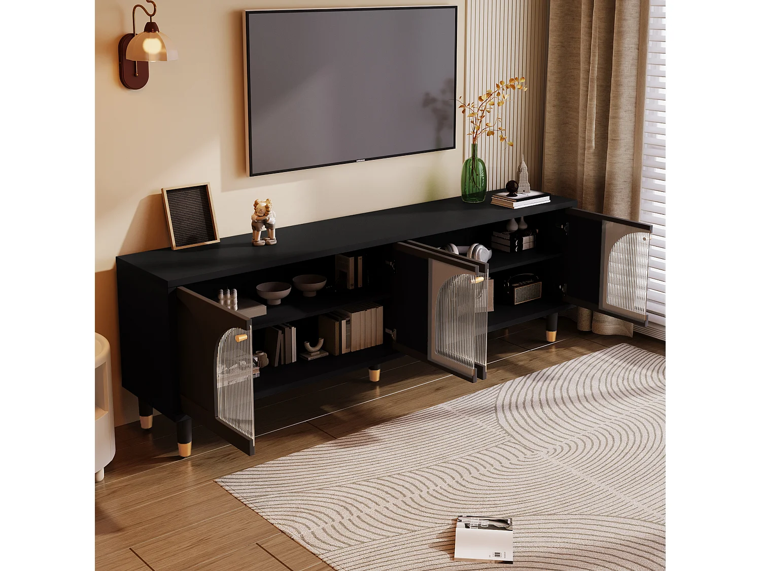 TV-meubel met 4 gecanneleerde glazen deuren - 173 x 38 x 59 cm - Spaanplaat en MDF - Zwart