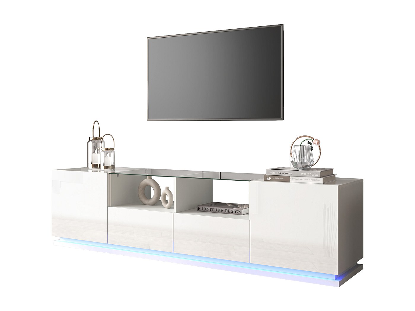 Mobile porta TV Hartford H108 Bianco, Con porte, 300x34x40cm