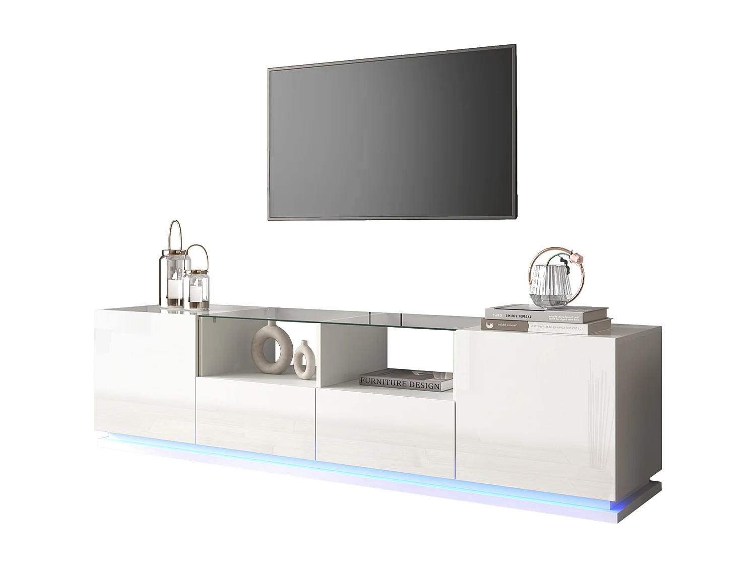 Meuble TV brillant avec étagères en verre - 165 x 38 x 43 cm - 2 tiroirs et 2 portes - LEDs - Panneaux de particules - Blanc