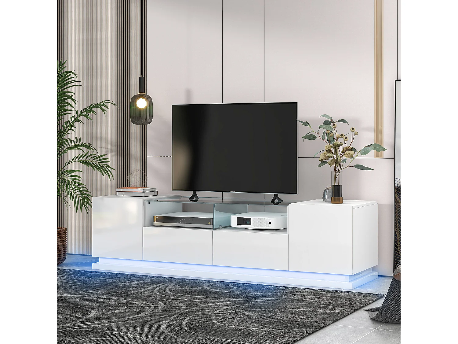 Meuble TV brillant avec étagères en verre - 165 x 38 x 43 cm - 2 tiroirs et 2 portes - LEDs - Panneaux de particules - Blanc