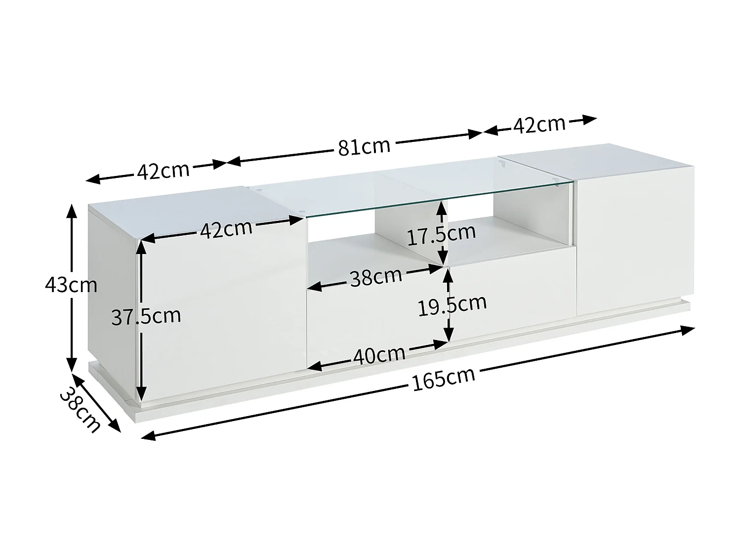 Meuble TV brillant avec étagères en verre - 165 x 38 x 43 cm - 2 tiroirs et 2 portes - LEDs - Panneaux de particules - Blanc