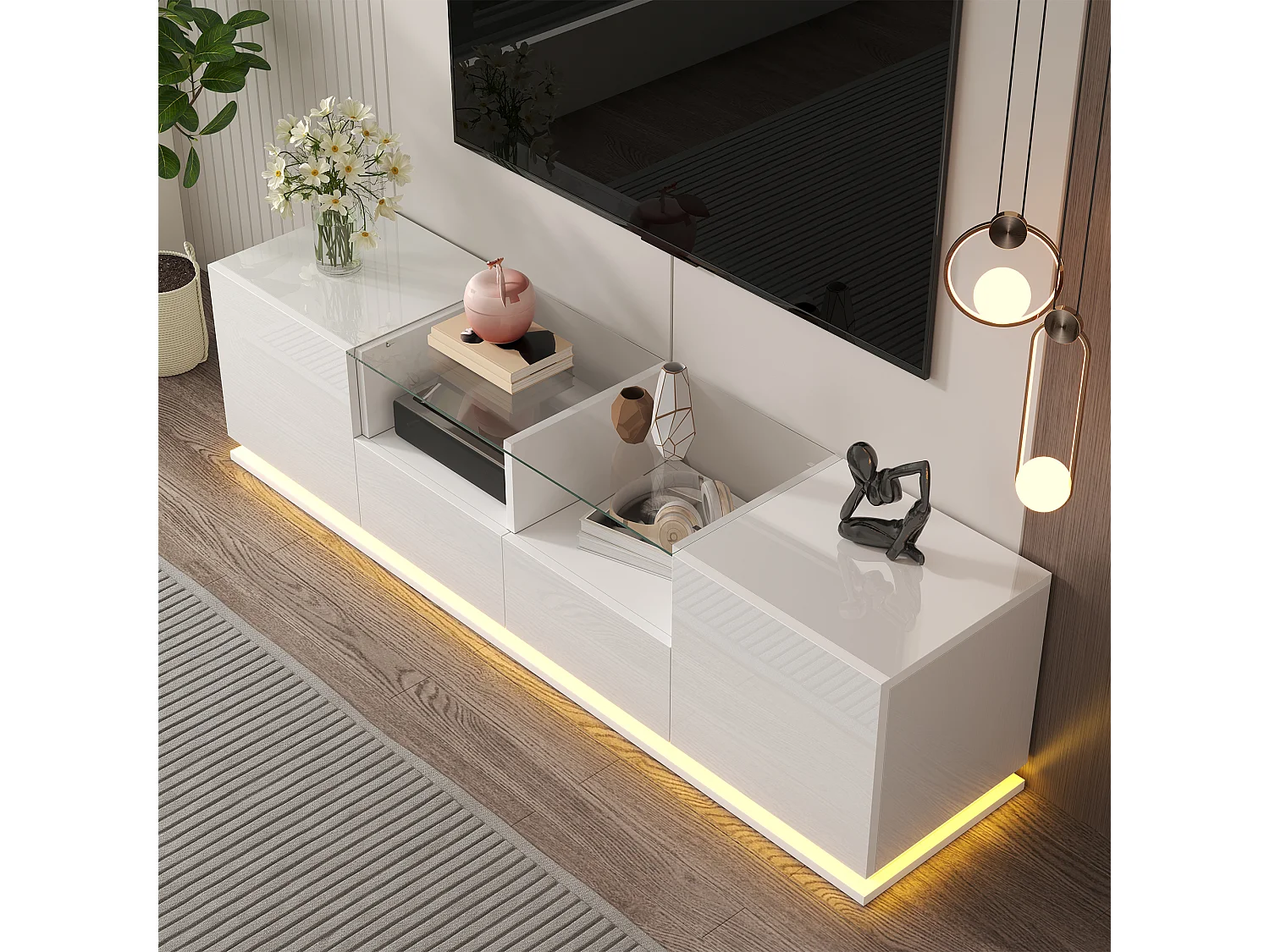 Meuble TV brillant avec étagères en verre - 165 x 38 x 43 cm - 2 tiroirs et 2 portes - LEDs - Panneaux de particules - Blanc