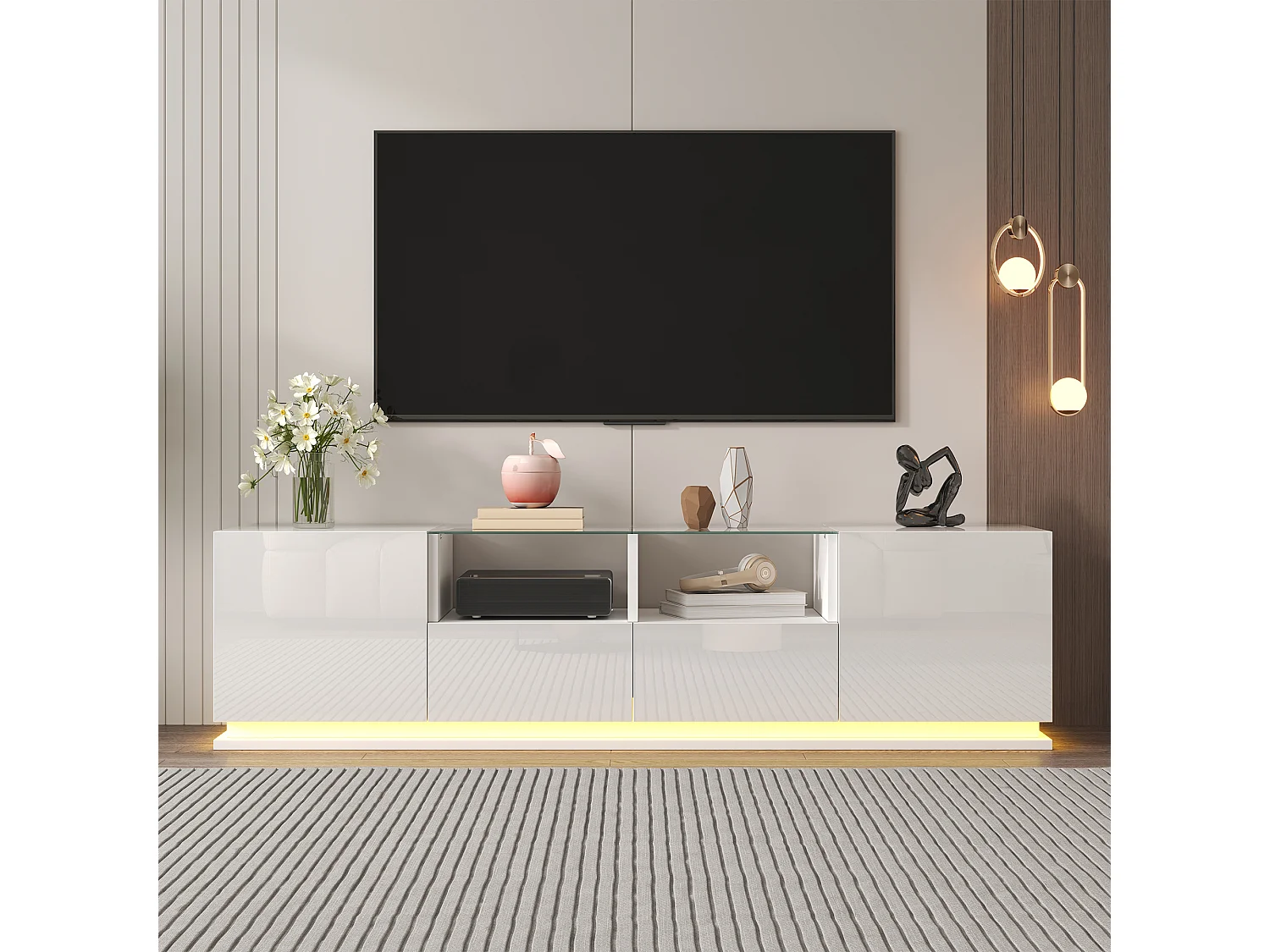 Meuble TV brillant avec étagères en verre - 165 x 38 x 43 cm - 2 tiroirs et 2 portes - LEDs - Panneaux de particules - Blanc