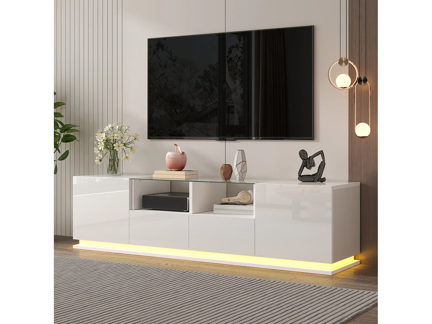 Meuble TV brillant avec étagères en verre - 165 x 38 x 43 cm - 2 tiroirs et 2 portes - LEDs - Panneaux de particules - Blanc