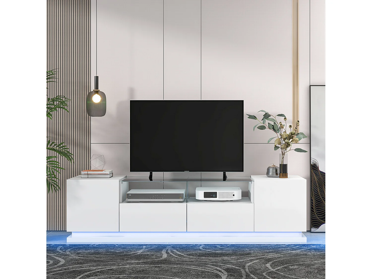 Meuble TV brillant avec étagères en verre - 165 x 38 x 43 cm - 2 tiroirs et 2 portes - LEDs - Panneaux de particules - Blanc