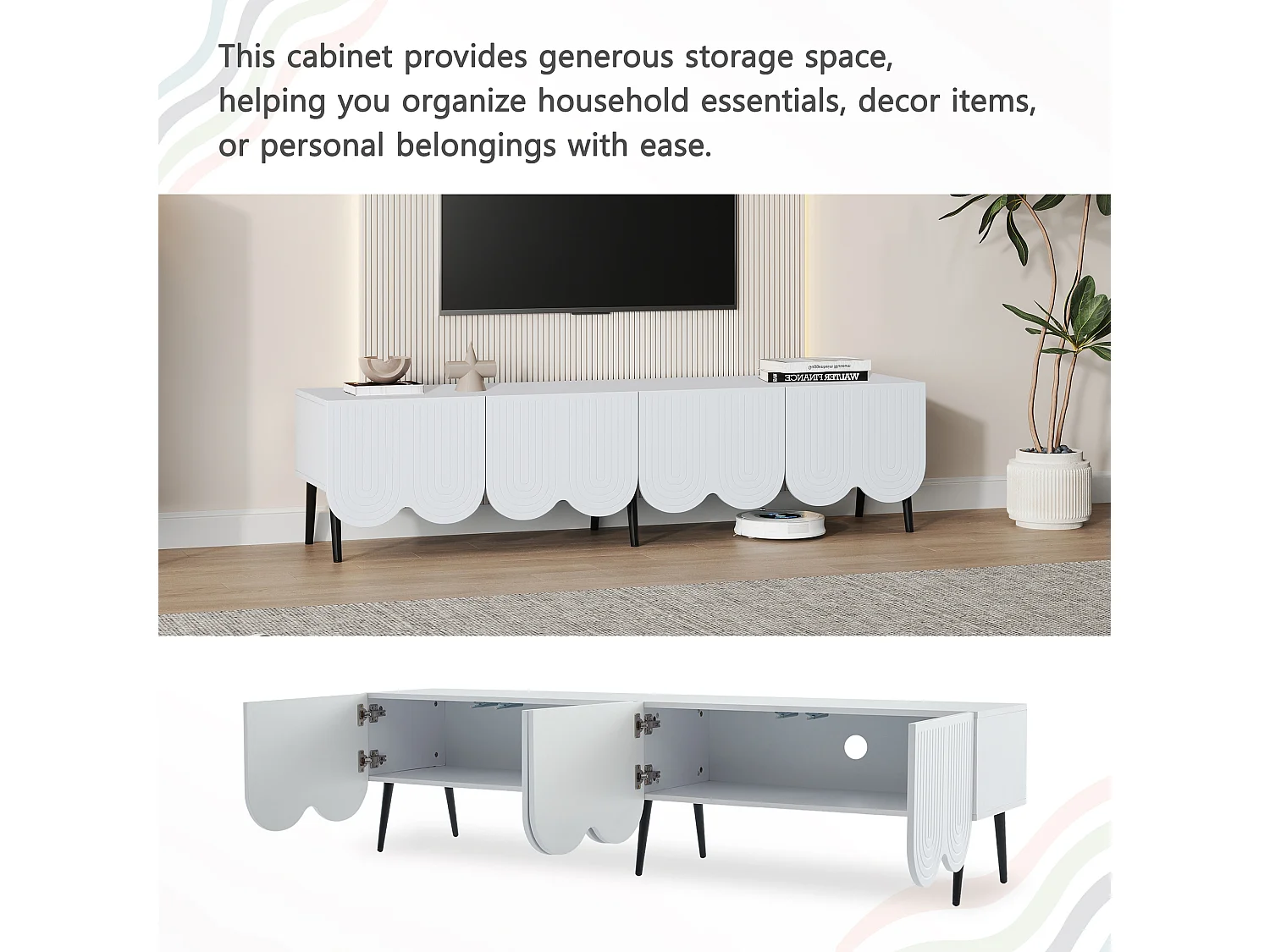 Mueble TV con 4 puertas y conductos para cables - 180 x 40 x 45 cm - Tablero de partículas - Blanco