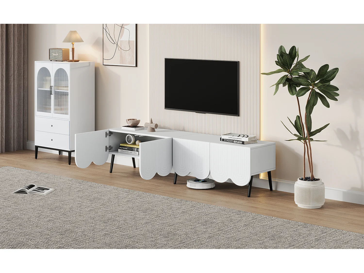 Mueble TV con 4 puertas y conductos para cables - 180 x 40 x 45 cm - Tablero de partículas - Blanco