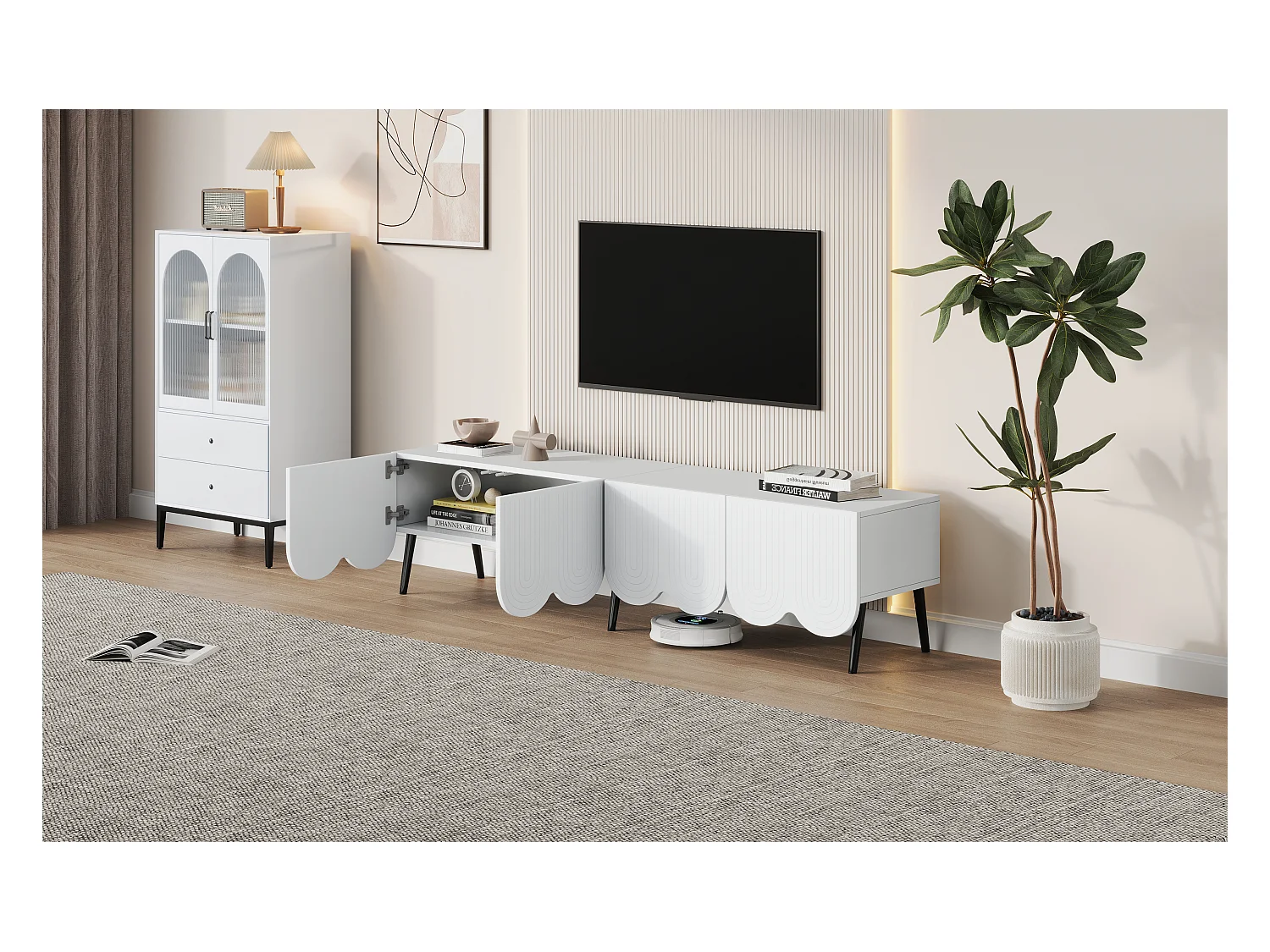 Meuble TV avec 4 portes et passe-câbles - 180 x 40 x 45 cm - Panneau de particules - Blanc