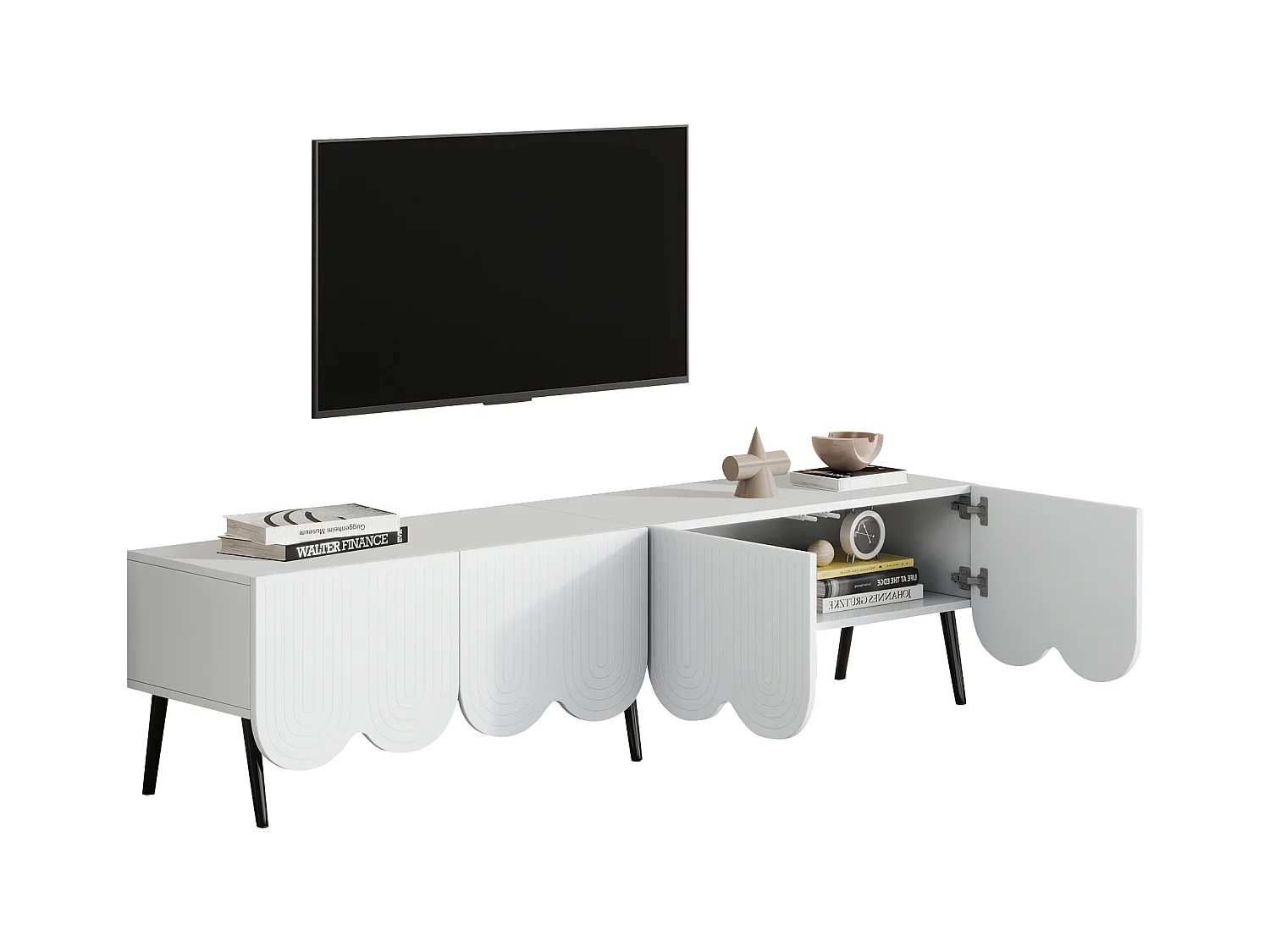 Meuble TV avec 4 portes et passe-câbles - 180 x 40 x 45 cm - Panneau de particules - Blanc