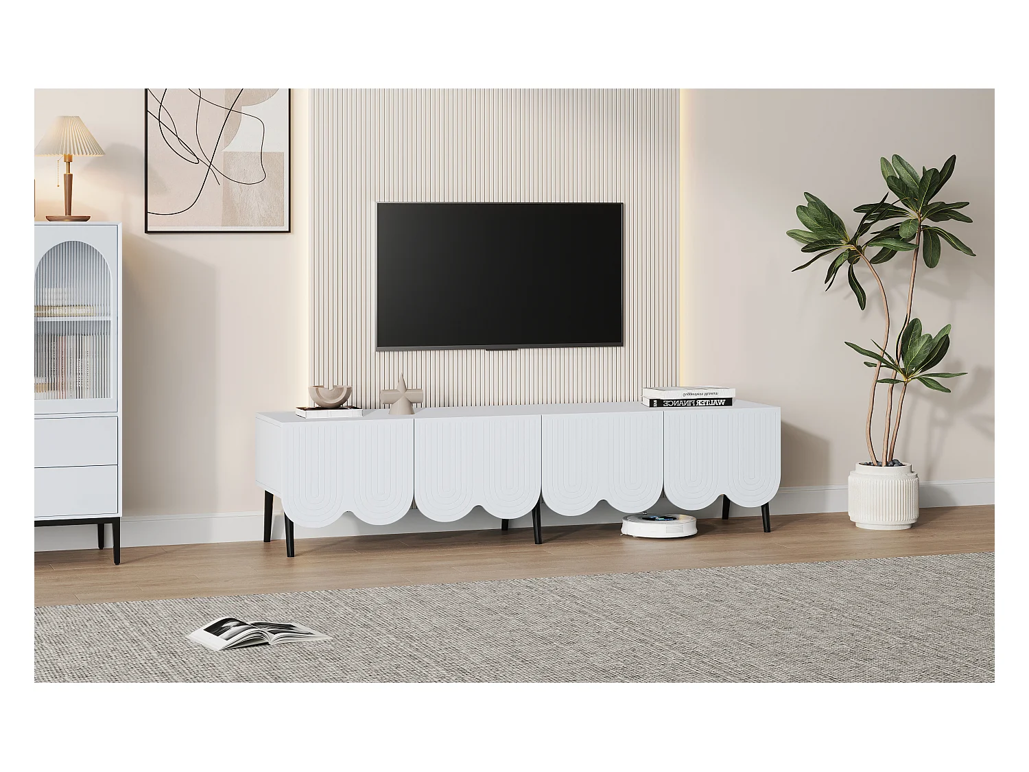 Meuble TV avec 4 portes et passe-câbles - 180 x 40 x 45 cm - Panneau de particules - Blanc