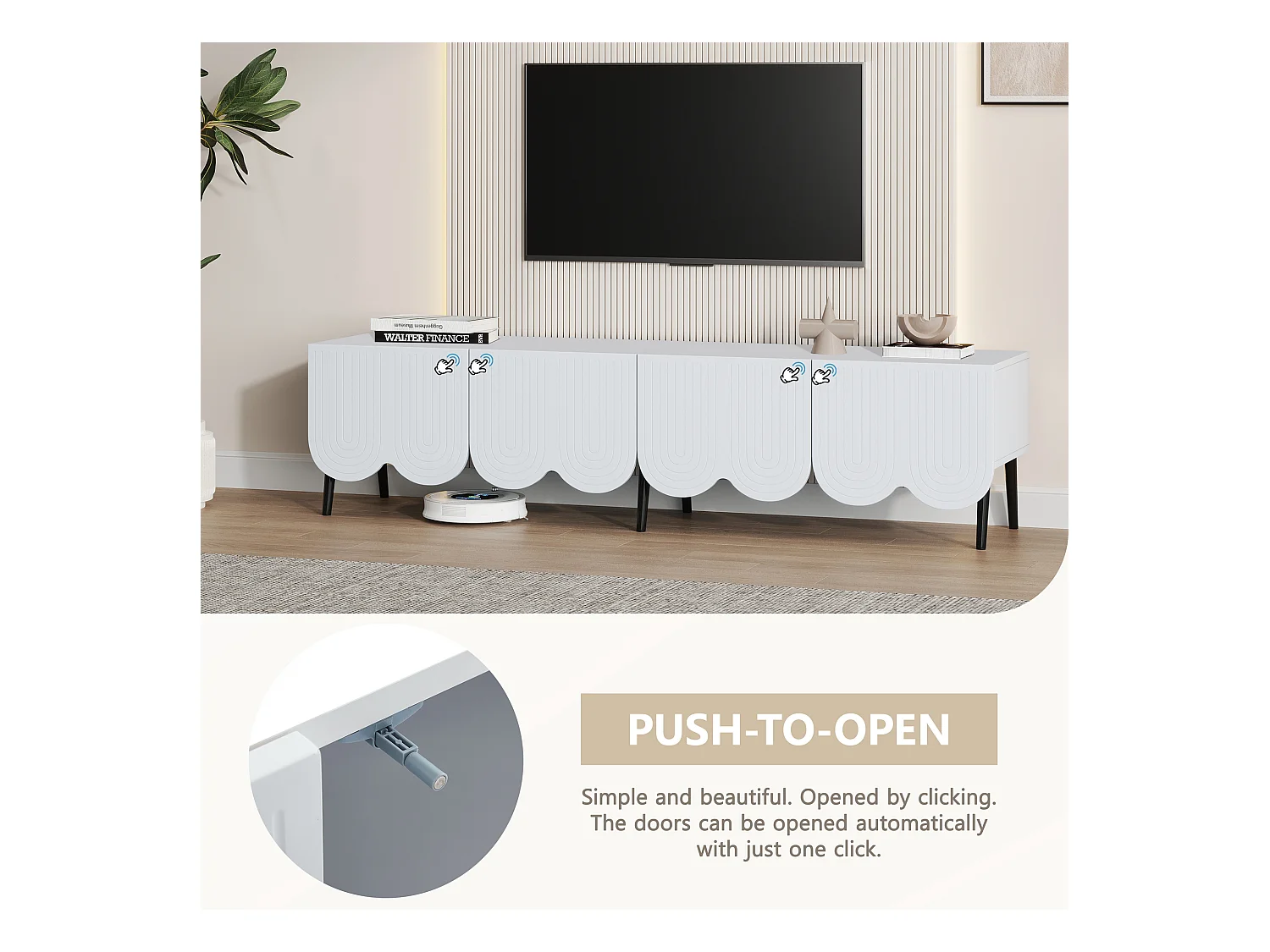 Meuble TV avec 4 portes et passe-câbles - 180 x 40 x 45 cm - Panneau de particules - Blanc