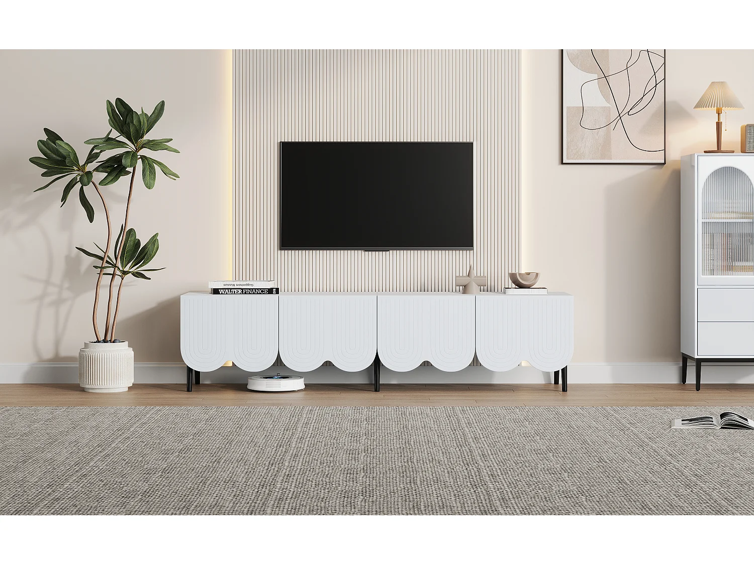 Meuble TV avec 4 portes et passe-câbles - 180 x 40 x 45 cm - Panneau de particules - Blanc