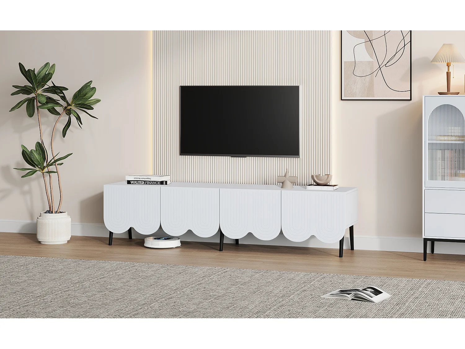 Meuble TV avec 4 portes et passe-câbles - 180 x 40 x 45 cm - Panneau de particules - Blanc