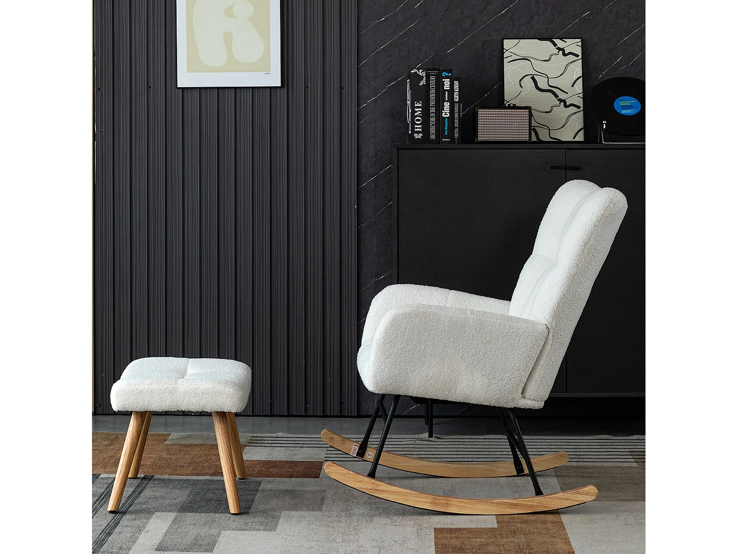 Schommelstoel met voetsteun en zak - 65 x 94 x 92 cm - Teddy-Polar, evea hout en metaal - Wit