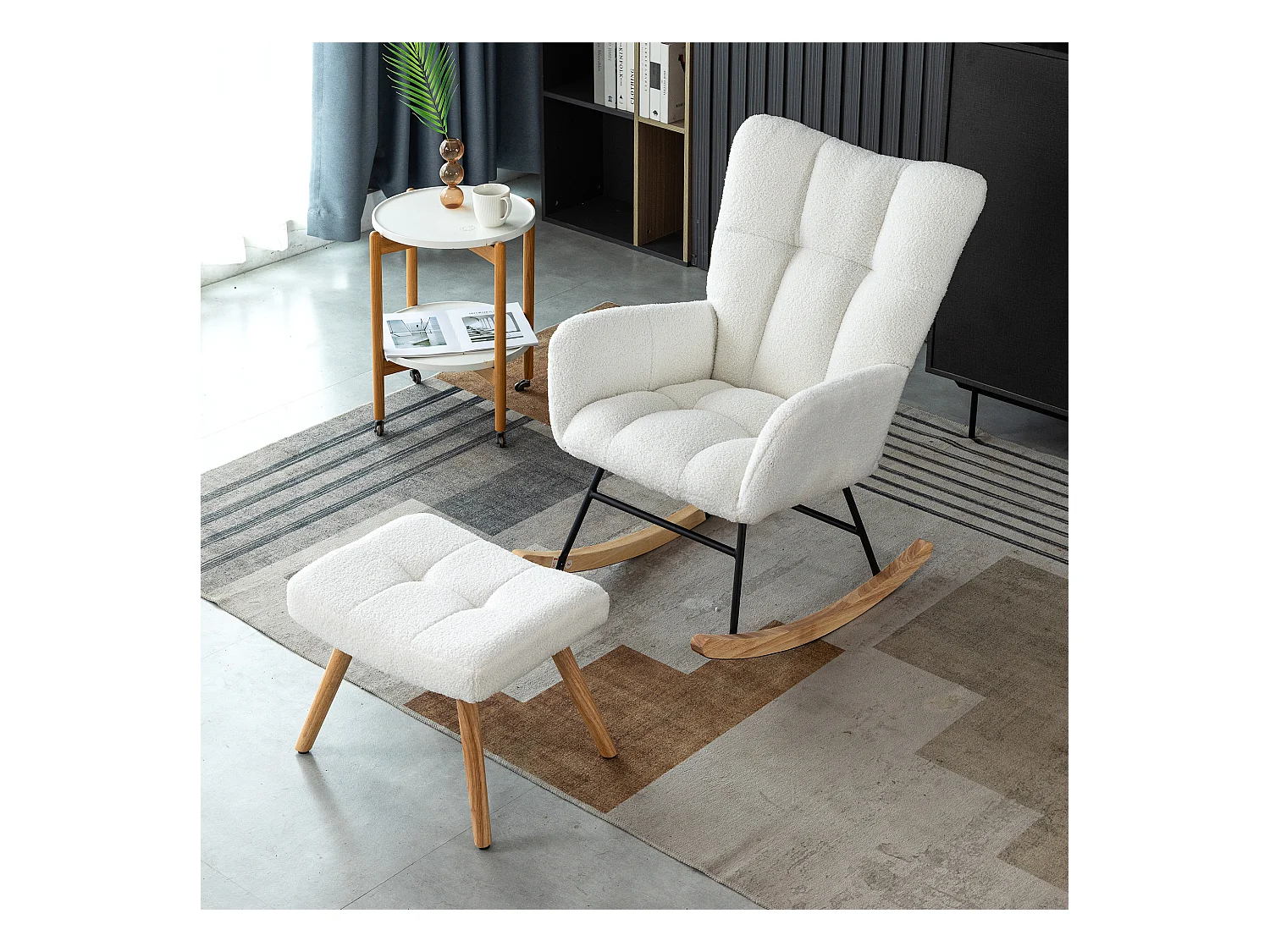 Chaise à bascule avec repose-pieds et une poche - 65 x 94 x 92 cm - Teddy-Polaire, boid d'évéa et métal - Blanc