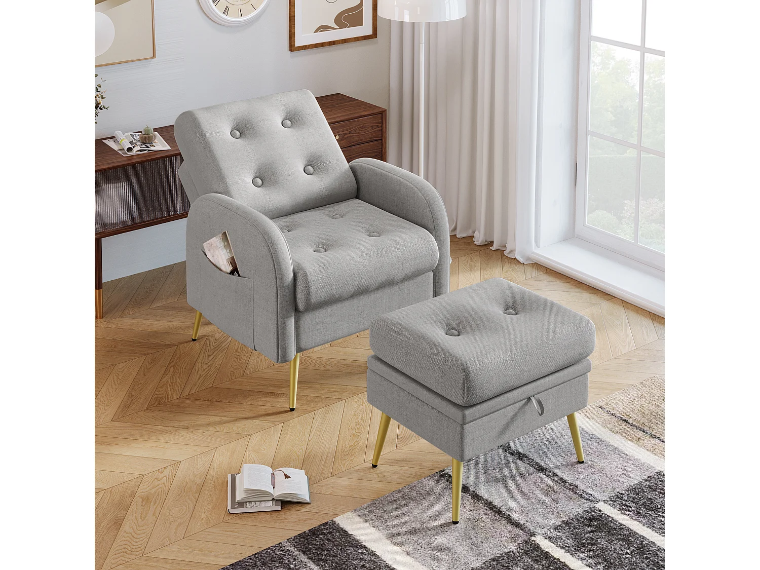 Chaise longue avec repose-pieds - 68 x 77 x 85 cm - Dossier réglable sur 3 niveaux - Polypropylène - Gris