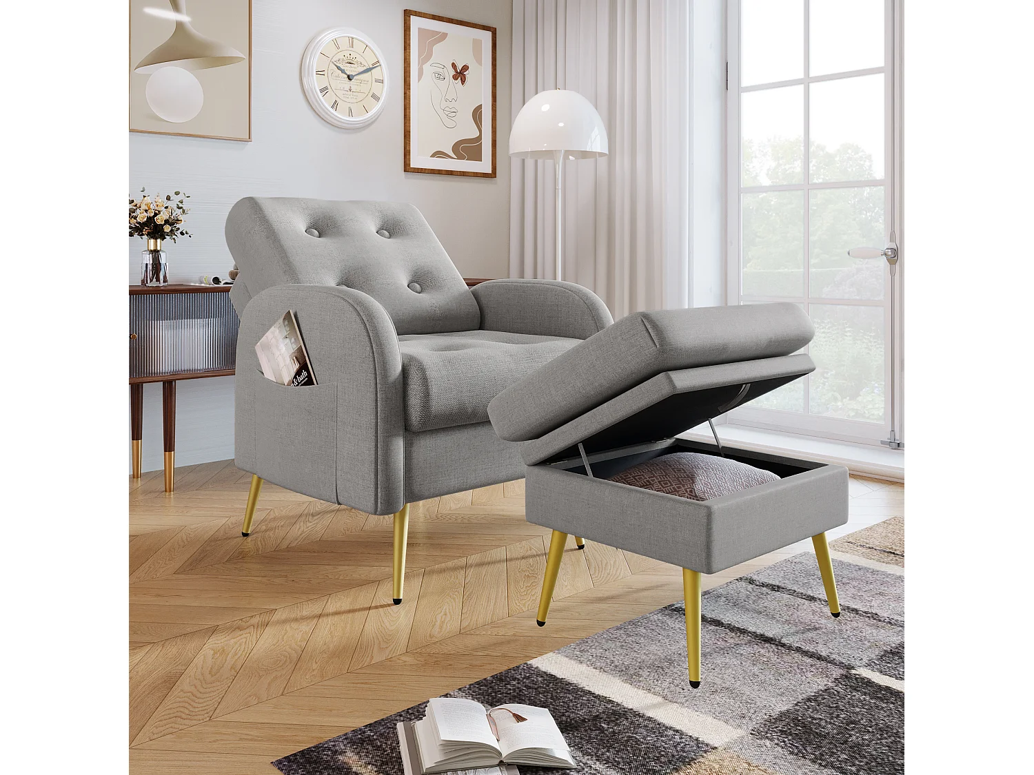 Chaise longue avec repose-pieds - 68 x 77 x 85 cm - Dossier réglable sur 3 niveaux - Polypropylène - Gris