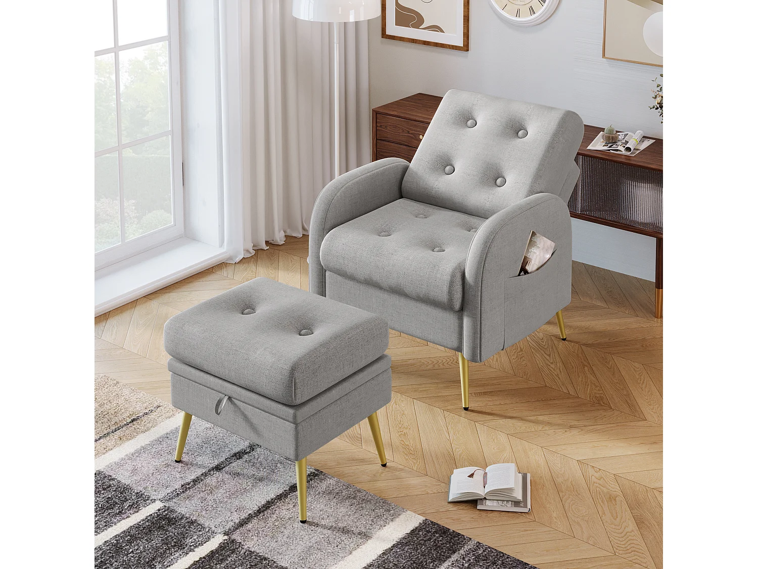 Chaise longue avec repose-pieds - 68 x 77 x 85 cm - Dossier réglable sur 3 niveaux - Polypropylène - Gris