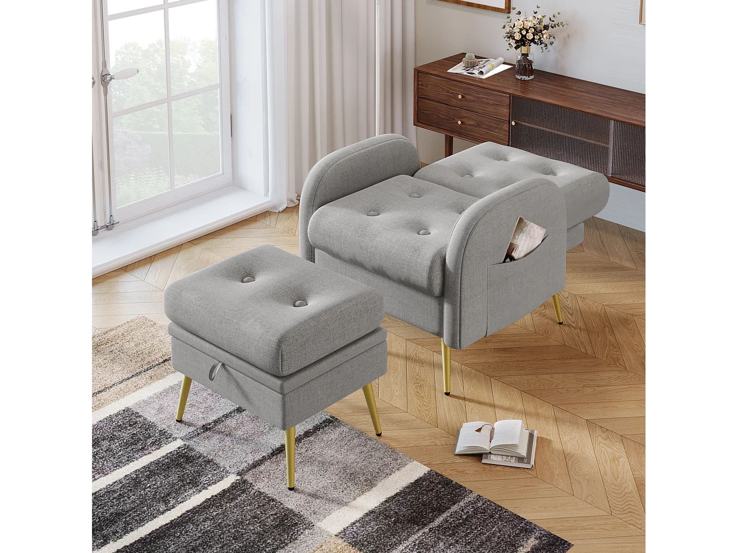 Chaise longue avec repose-pieds - 68 x 77 x 85 cm - Dossier réglable sur 3 niveaux - Polypropylène - Gris