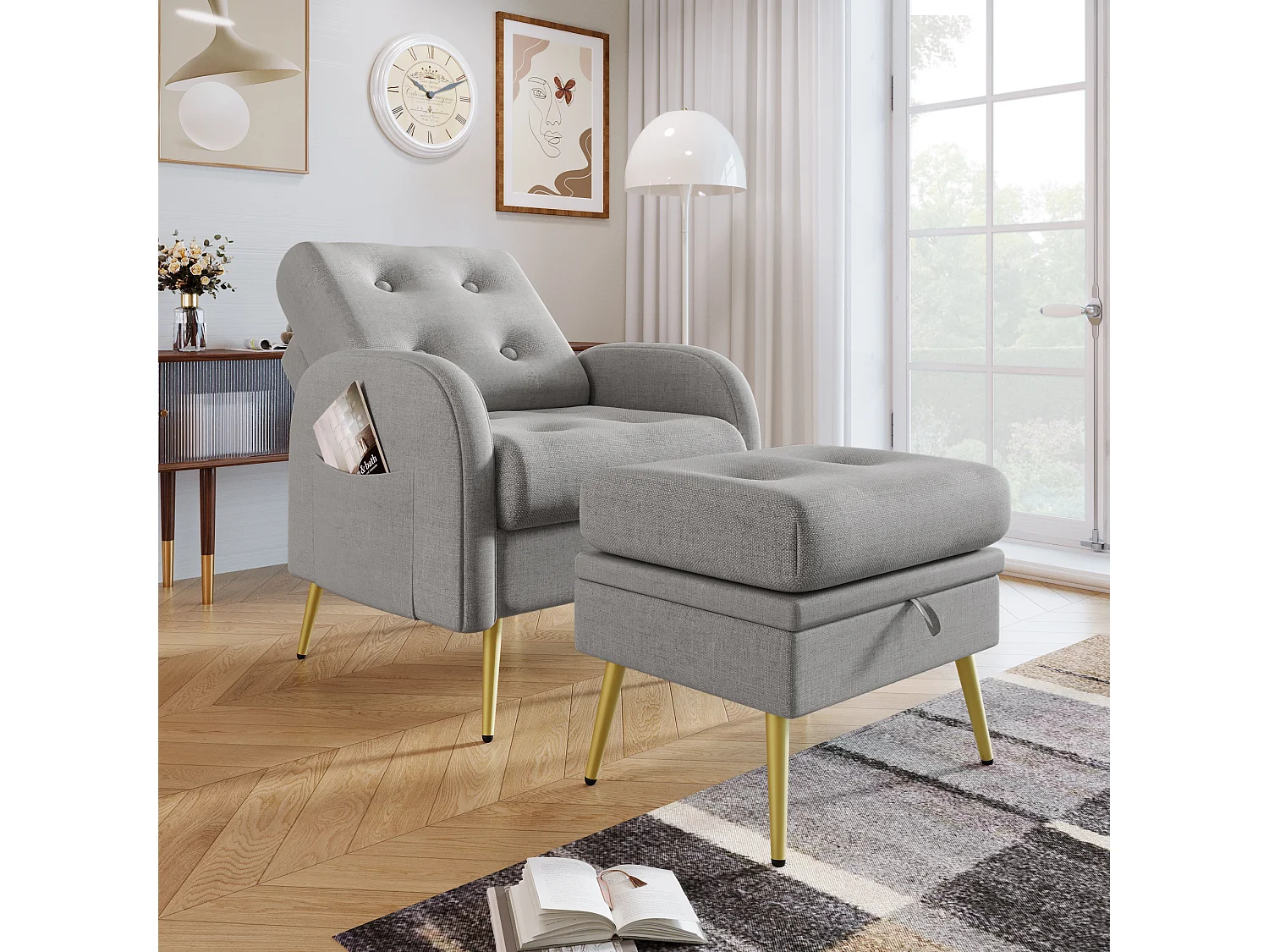 Chaise longue avec repose-pieds - 68 x 77 x 85 cm - Dossier réglable sur 3 niveaux - Polypropylène - Gris