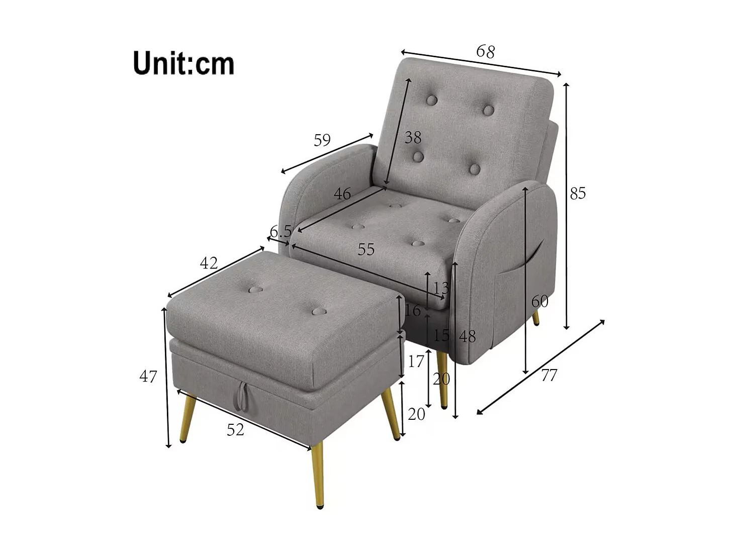 Chaise longue avec repose-pieds - 68 x 77 x 85 cm - Dossier réglable sur 3 niveaux - Polypropylène - Gris