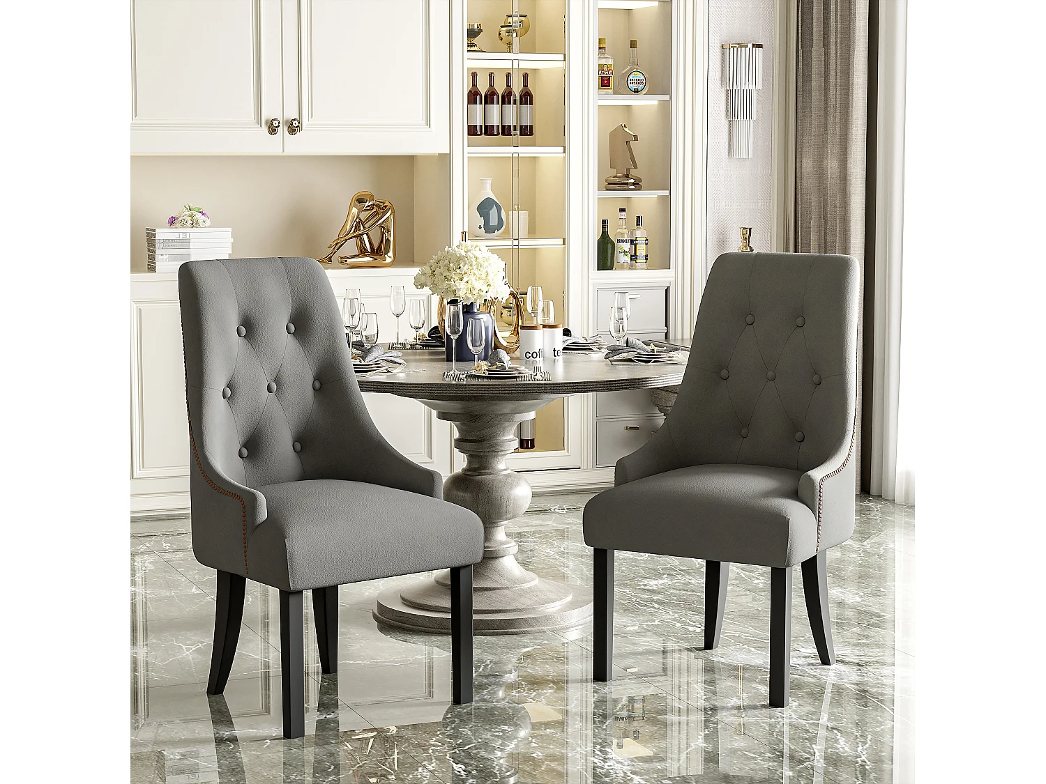 Lot de 2 chaises de salle à manger - 56 x 55 x 100 cm - Velours et pieds en bois d'hévéa - Gris