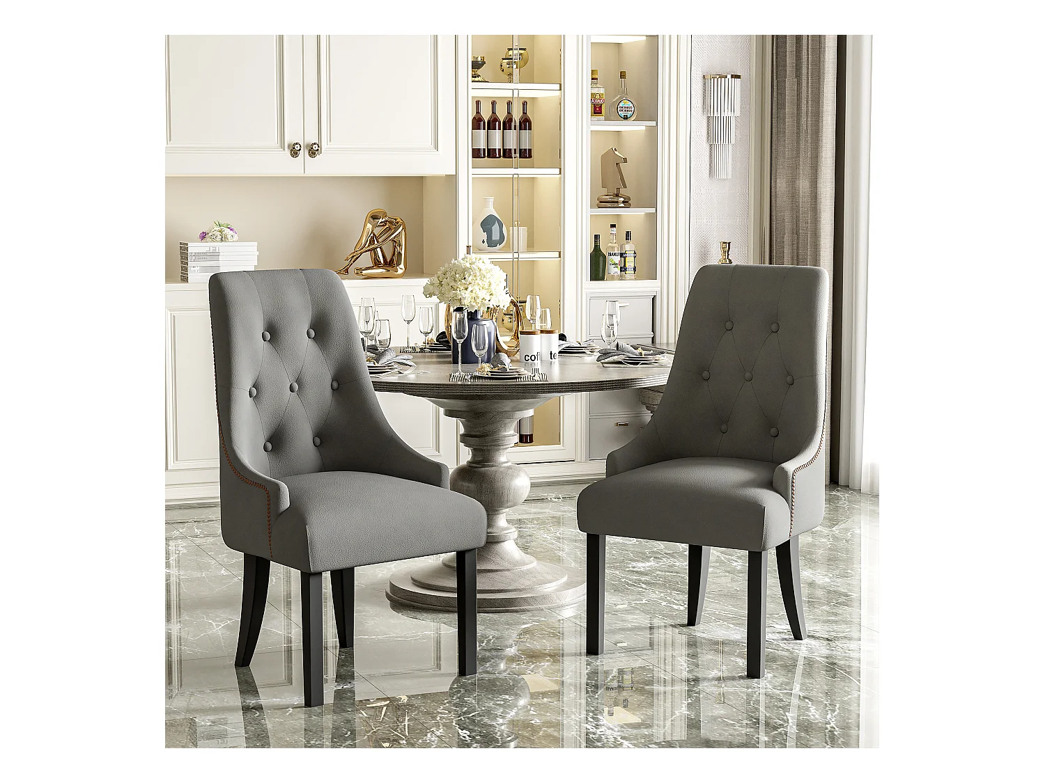 Lot de 2 chaises de salle à manger - 56 x 55 x 100 cm - Velours et pieds en bois d'hévéa - Gris