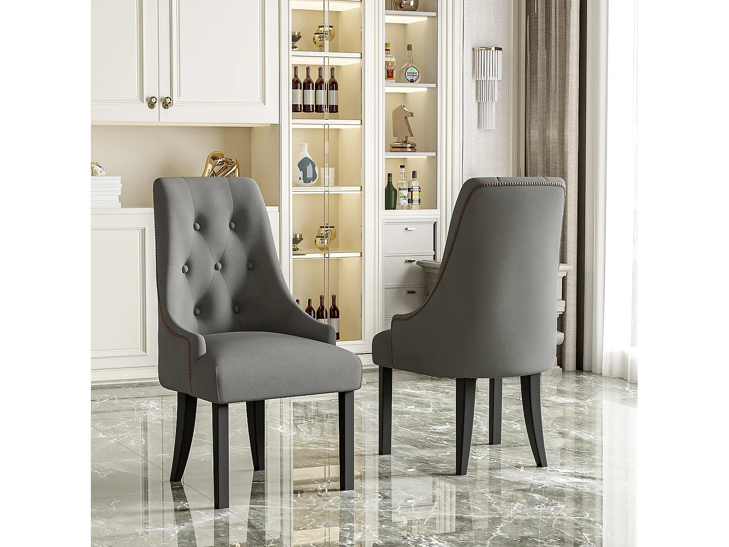 Lot de 2 chaises de salle à manger - 56 x 55 x 100 cm - Velours et pieds en bois d'hévéa - Gris