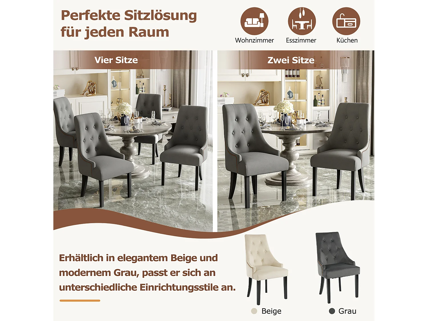 Lot de 2 chaises de salle à manger - 56 x 55 x 100 cm - Velours et pieds en bois d'hévéa - Gris